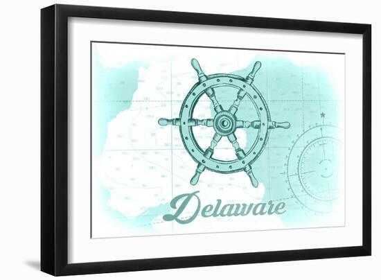 Delaware - Ship Wheel - Teal - Coastal Icon-Lantern Press-Framed Art Print
