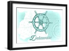 Delaware - Ship Wheel - Teal - Coastal Icon-Lantern Press-Framed Art Print