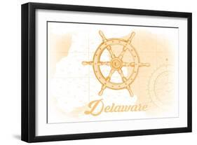 Delaware - Ship Wheel - Yellow - Coastal Icon-Lantern Press-Framed Art Print