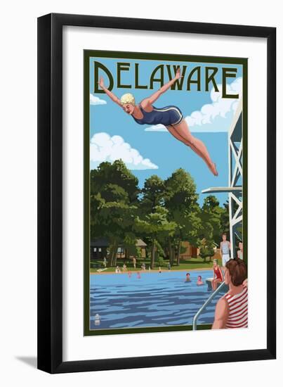 Delaware - Woman Diving and Lake-Lantern Press-Framed Art Print