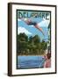 Delaware - Woman Diving and Lake-Lantern Press-Framed Art Print