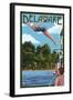 Delaware - Woman Diving and Lake-Lantern Press-Framed Art Print