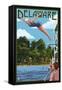 Delaware - Woman Diving and Lake-Lantern Press-Framed Stretched Canvas