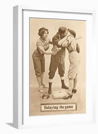 Delaying the Game, Baseball Players Kissing-null-Framed Art Print