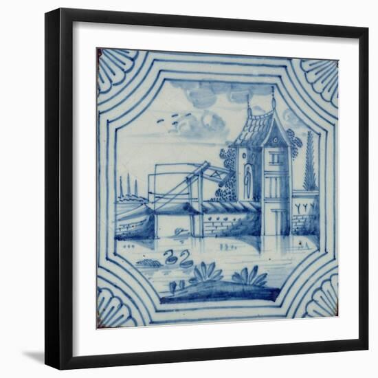 Delft Tile Showing a Drawbridge over a Canal, 19th century-null-Framed Giclee Print