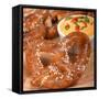 Delicious and Rustic Fresh German Style Pretzel Served with a Cheddar Cheese Spread-HHLtDave5-Framed Stretched Canvas