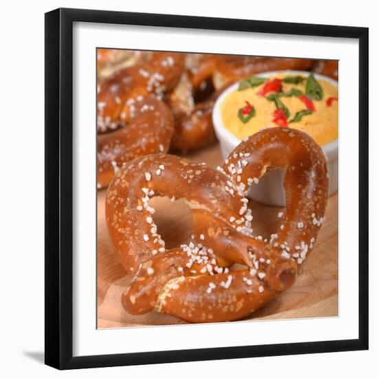 Delicious and Rustic Fresh German Style Pretzel Served with a Cheddar Cheese Spread-HHLtDave5-Framed Photographic Print