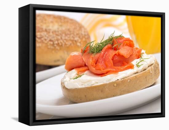 Delicious Freshly Baked Everything Bagel with Cream Cheese, Lox and Dill Served with Fresh Orange J-HHLtDave5-Framed Stretched Canvas