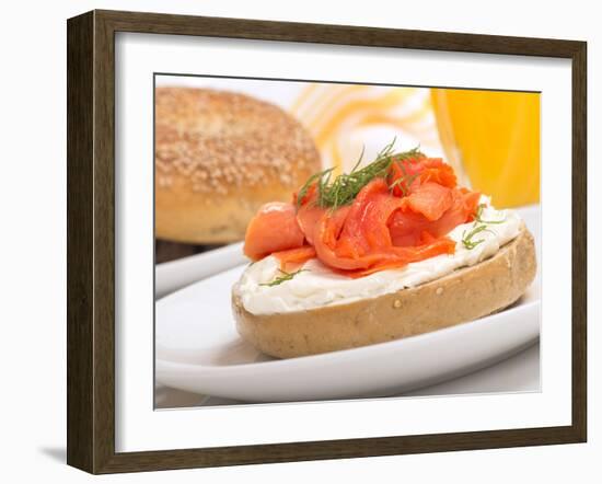Delicious Freshly Baked Everything Bagel with Cream Cheese, Lox and Dill Served with Fresh Orange J-HHLtDave5-Framed Photographic Print