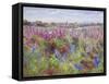 Delphinium Field and Church-Timothy Easton-Framed Stretched Canvas