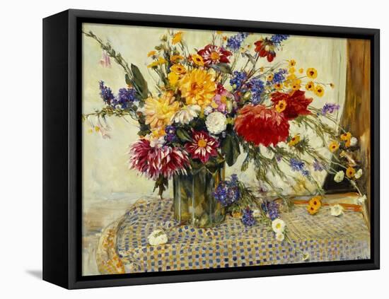 Delphiniums, Roses, Peonies, Dahlias and Other Flowers in a Glass Vase-Ferdinand Brod-Framed Stretched Canvas