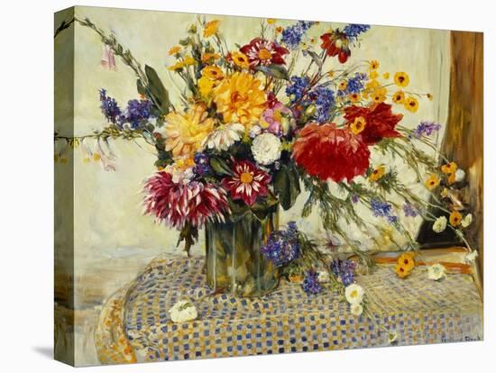 Delphiniums, Roses, Peonies, Dahlias and Other Flowers in a Glass Vase-Ferdinand Brod-Stretched Canvas