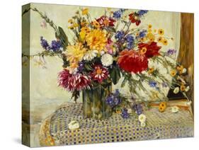 Delphiniums, Roses, Peonies, Dahlias and Other Flowers in a Glass Vase-Ferdinand Brod-Stretched Canvas