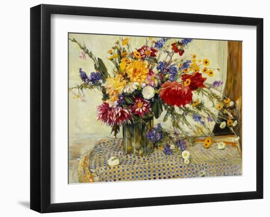 Delphiniums, Roses, Peonies, Dahlias and Other Flowers in a Glass Vase-Ferdinand Brod-Framed Giclee Print