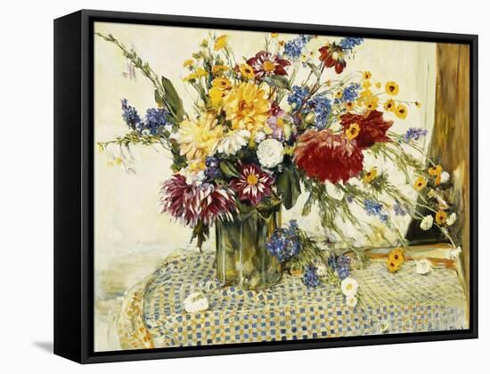 Delphiniums, Roses, Peonies, Dahlias and Other Flowers in a Glass Vase-Ferdinand Brod-Framed Stretched Canvas