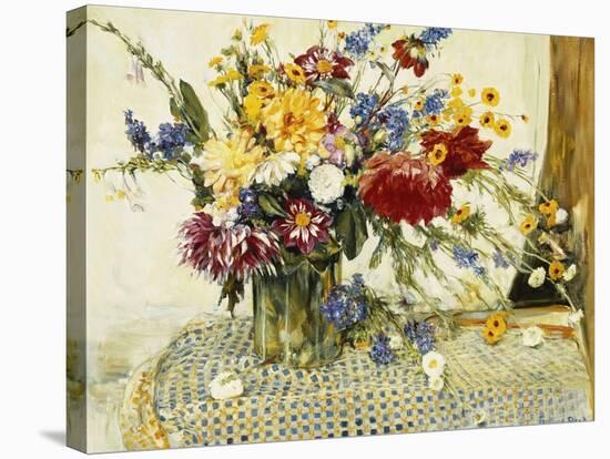 Delphiniums, Roses, Peonies, Dahlias and Other Flowers in a Glass Vase-Ferdinand Brod-Stretched Canvas