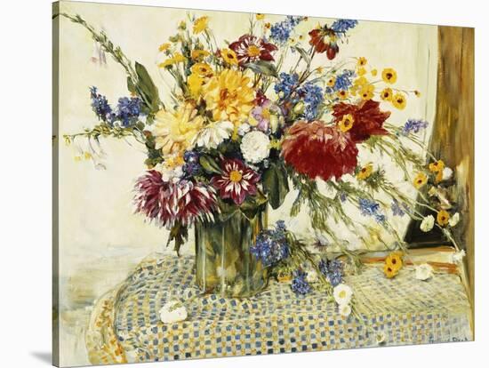 Delphiniums, Roses, Peonies, Dahlias and Other Flowers in a Glass Vase-Ferdinand Brod-Stretched Canvas
