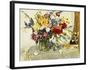 Delphiniums, Roses, Peonies, Dahlias and Other Flowers in a Glass Vase-Ferdinand Brod-Framed Giclee Print