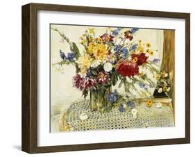 Delphiniums, Roses, Peonies, Dahlias and Other Flowers in a Glass Vase-Ferdinand Brod-Framed Giclee Print