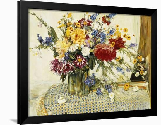 Delphiniums, Roses, Peonies, Dahlias and Other Flowers in a Glass Vase-Ferdinand Brod-Framed Giclee Print