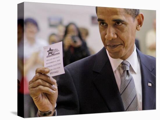 Democratic Candidate for President, Barack Obama Holding Up Voting Receipt, Chicago, Nov 4, 2008-null-Stretched Canvas