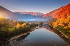 Road in Beautiful Red Forest at Sunrise in Autumn in Plitvice Lakes, Croatia. Beautiful Mountain Ro-den-belitsky-Photographic Print