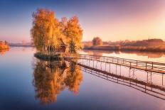 Road in Beautiful Red Forest at Sunrise in Autumn in Plitvice Lakes, Croatia. Beautiful Mountain Ro-den-belitsky-Photographic Print