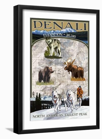Denali, Alaska - Elevation - North Americas Tallest Peak - Topographical Map-Lantern Press-Framed Art Print
