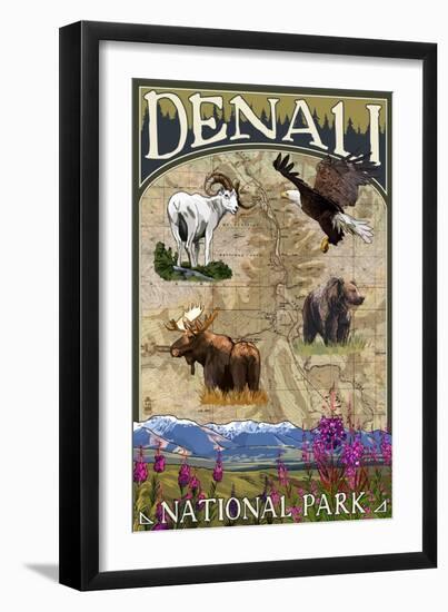 Denali, Alaska - National Park - Topographical Map-Lantern Press-Framed Art Print