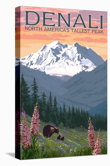 Denali, Alaska - North Americas Tallest Peak - Bears and Spring Flowers-Lantern Press-Stretched Canvas