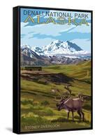 Denali National Park, Alaska - Caribou and Stoney Overlook-Lantern Press-Framed Stretched Canvas