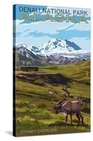 Denali National Park, Alaska - Caribou and Stoney Overlook-Lantern Press-Stretched Canvas