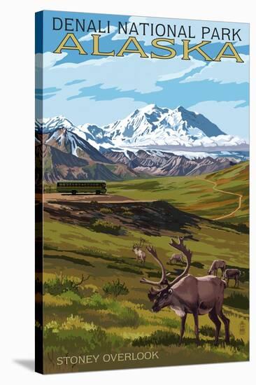 Denali National Park, Alaska - Caribou and Stoney Overlook-Lantern Press-Stretched Canvas