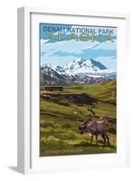 Denali National Park, Alaska - Caribou and Stoney Overlook-Lantern Press-Framed Art Print