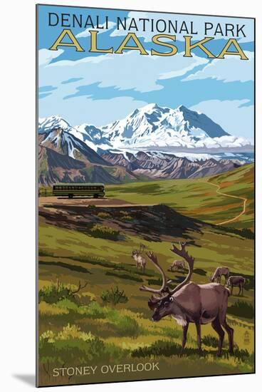 Denali National Park, Alaska - Caribou and Stoney Overlook-Lantern Press-Mounted Art Print