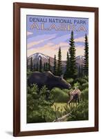 Denali National Park, Alaska - Moose and Calf-Lantern Press-Framed Art Print