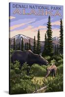 Denali National Park, Alaska - Moose and Calf-Lantern Press-Stretched Canvas