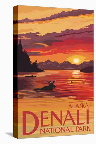 Denali National Park, Alaska - Moose at Sunset-Lantern Press-Stretched Canvas