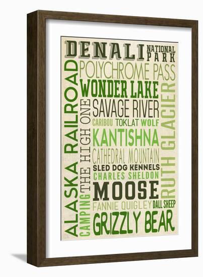 Denali National Park, Alaska - Typography (Version 2)-Lantern Press-Framed Art Print