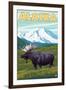 Denali National Park Moose and Mount McKinley-Lantern Press-Framed Art Print