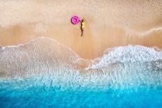 Aerial View of the Lying Beautiful Young Woman with Pink Swim Ring on the Sandy Beach near Sea With-Denis Belitsky-Photographic Print