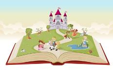 Open Book with Cartoon Princesses and Princes in Front of a Castle.-Denis Cristo-Framed Stretched Canvas