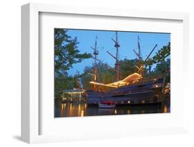 Denmark, Copenhagen, Amusement Park Tivoli, Sailing Ship, Historical, Replica, Illuminated, Evening-Chris Seba-Framed Photographic Print