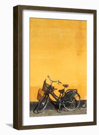 Denmark, Zealand, Copenhagen, Yellow Building Detail with Bicycle-Walter Bibikow-Framed Photographic Print