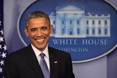 President Barack Obama at a News Conference, Brady Press Briefing Room-Dennis Brack-Framed Photographic Print