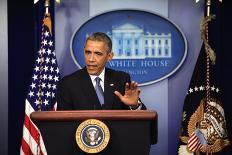 President Barack Obama at a News Conference, Brady Press Briefing Room-Dennis Brack-Photographic Print