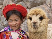 Girl in Native Dress with Baby Alpaca, Sacsayhuaman Inca Ruins, Cusco, Peru-Dennis Kirkland-Photographic Print