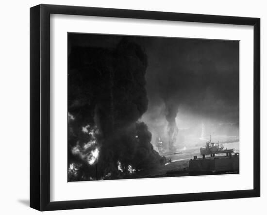 Dense Black Smoke from Wreckage of US Warships Damaged or Sunk Filling Sky Following Pearl Harbor-null-Framed Photographic Print