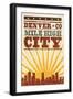 Denver, Colorado - Skyline and Sunburst Screenprint Style-Lantern Press-Framed Art Print