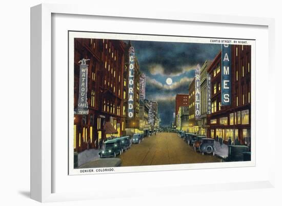 Denver, Colorado, View of Curtis Street at Night, no.2-Lantern Press-Framed Art Print